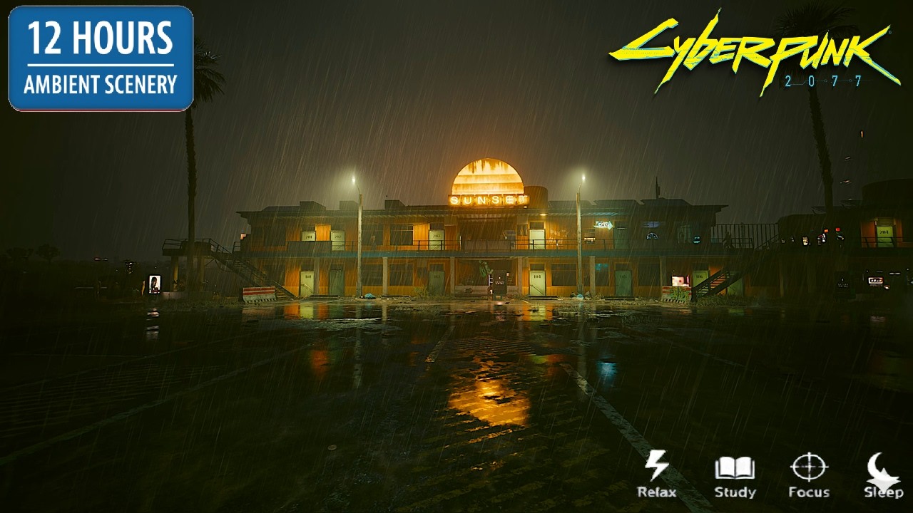 Rainy Sunset Motel Vibe | Cozy Sleep & Study | 4K 60FPS (Cyberpunk 2077) — cozy ambience video thumbnail
