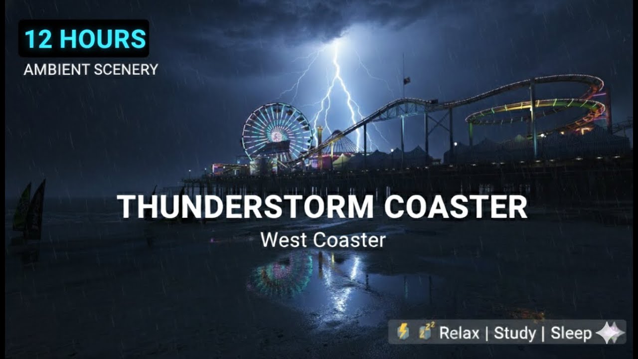 Santa Monica Pier Thunderstorm - 12 Hours of Rain & Thunder — cozy ambience video thumbnail
