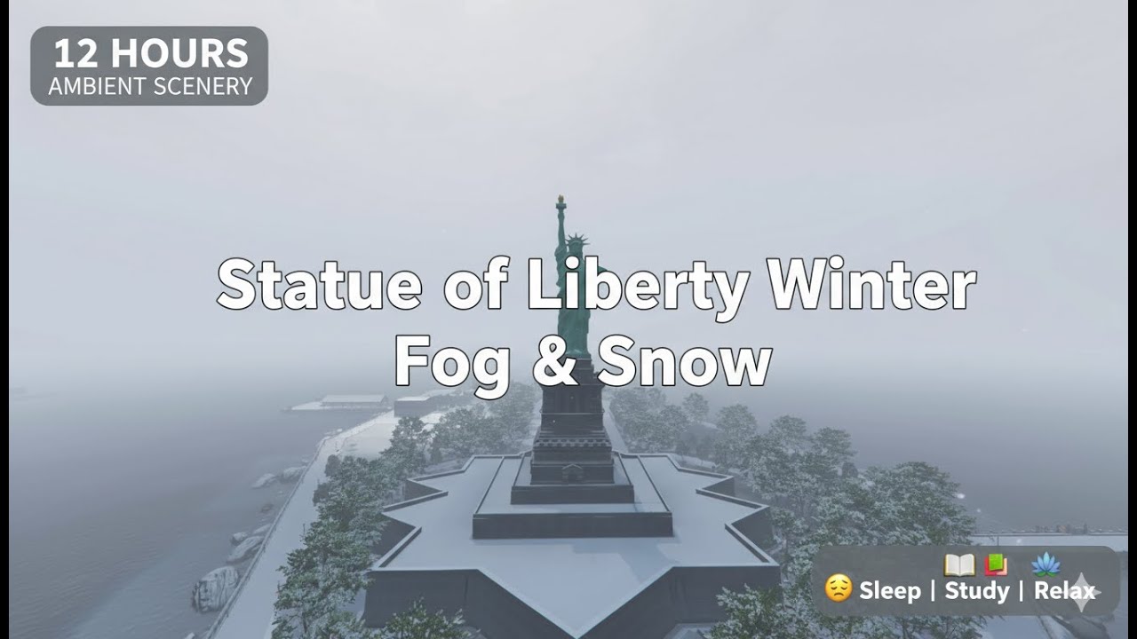 Statue of Liberty Snowstorm Ambience | 12 Hours Day-Night Cycle — cozy ambience video thumbnail